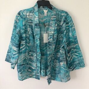 Chico's L Watercolor Splash Freeda Blue Jacket Blazer Open Front Linen Blend NWT